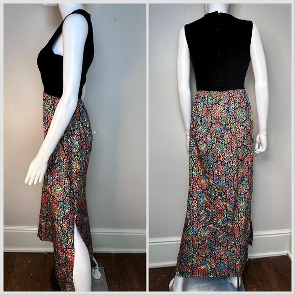 Vintage 1970s Bright Psychedelic Sparkle and Black Velvet Maxi Dress Size S/M - Picture 2 of 4